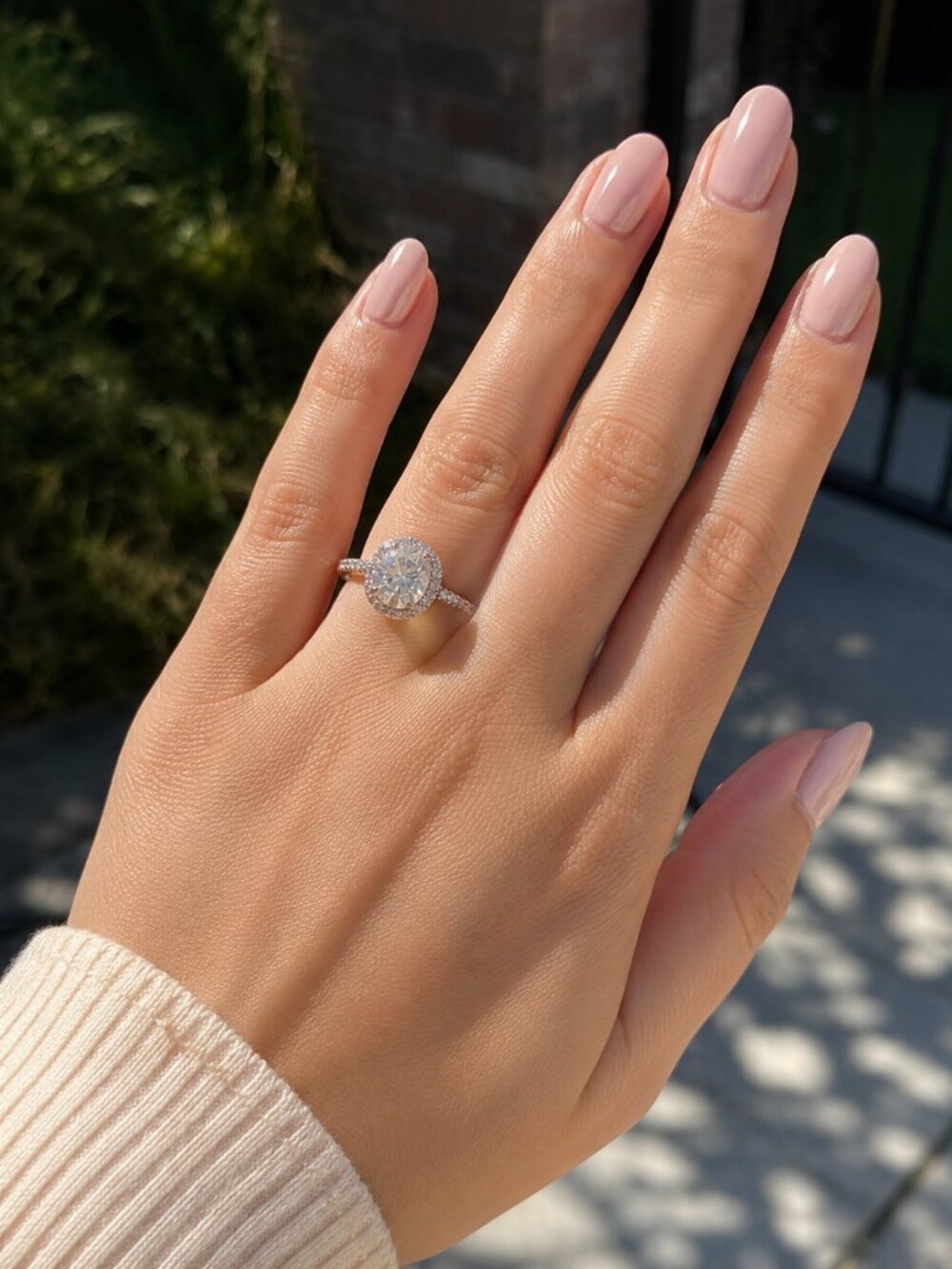 Oval Halo Moissanite and Diamond Engagement Ring, 14K Solid White Gold, Size: 10